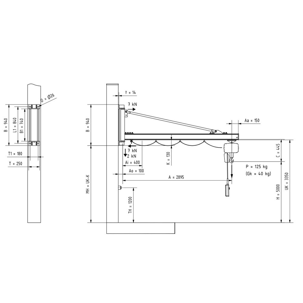 N° de l'image du produit 2 : Potence VETTER®, palan électrique à chaîne LIFTKET inclus, version murale, portée 1 900 mm, capacité de charge 125 kg