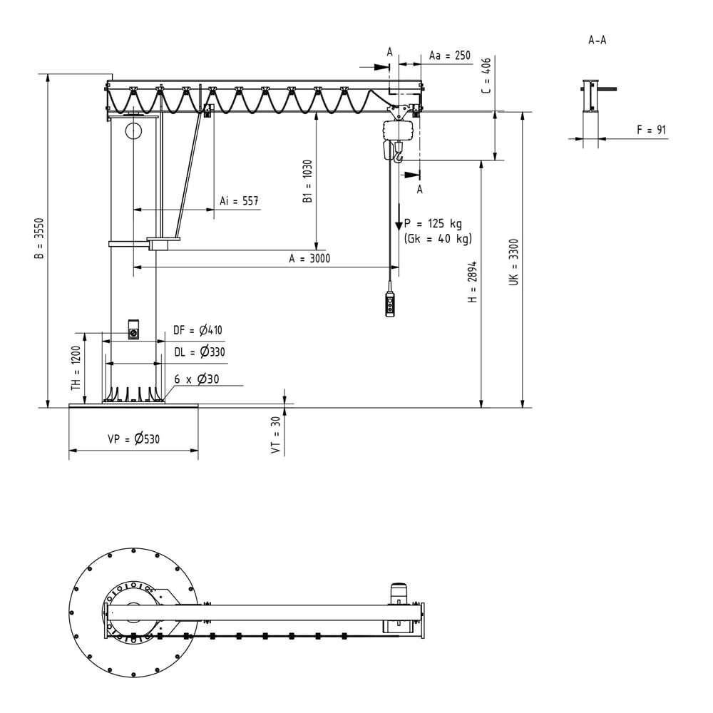 N° de l'image du produit 3 : Potence VETTER®, palan électrique à chaîne LIFTKET inclus, version sur fût, plage de pivotement de 360°, portée 3 000 mm, palan électrique à chaîne LIFTKET inclus, capacité de charge 125 kg