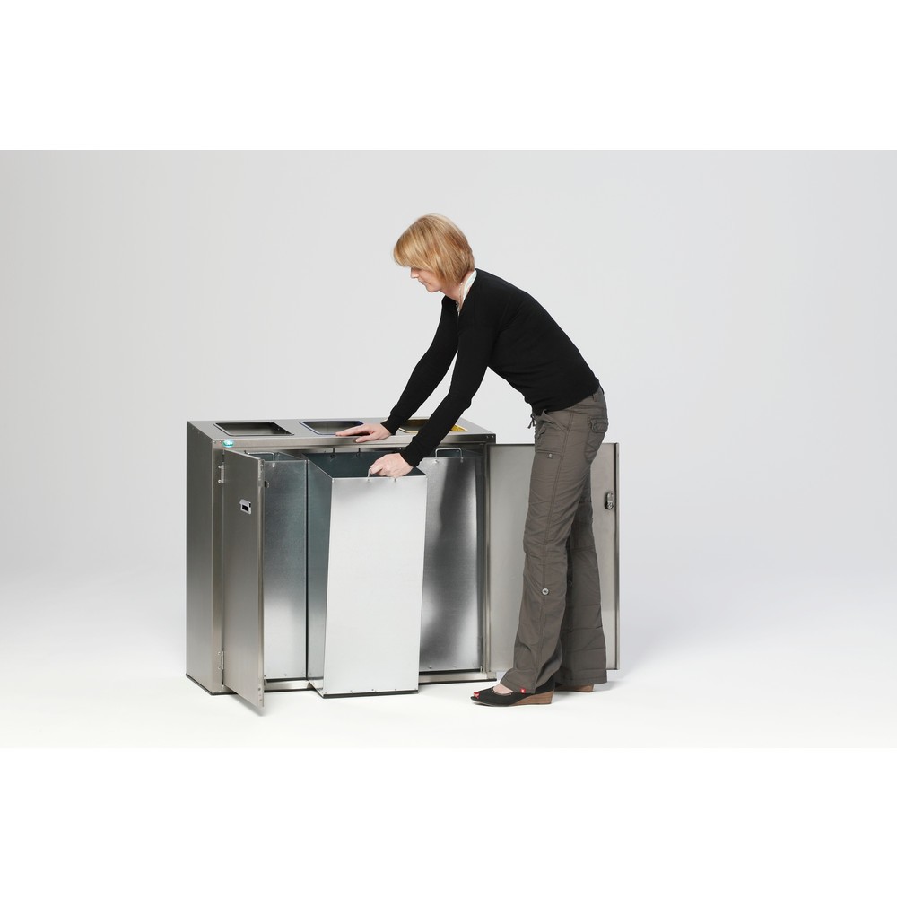 N° de l'image du produit 2 : Poubelle de tri de matériaux VAR® en acier inoxydable, orifices d’insertion, 3x 90 litres