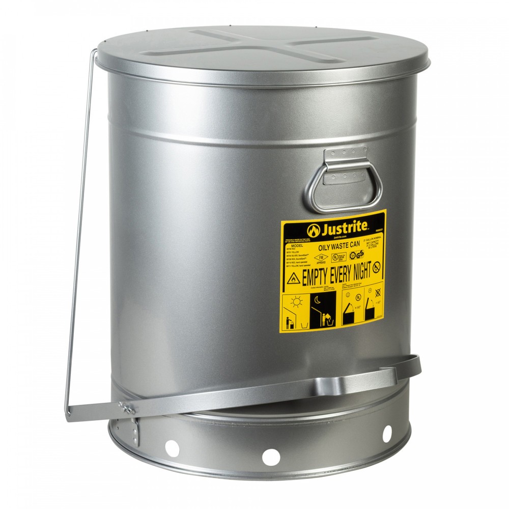 N° de l'image du produit 1 : Poubelle d'établi Justrite SoundGuard™, pédale, argenté, 80 litres