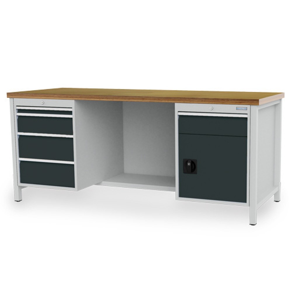 Obrázek produktu: Pracovní stůl Bedrunka+Hirth R 18-24, VxŠxH 859 x 2000 x 750 mm, světle šedá, antracitová šedá, 5 ks zásuvka 1x50 + 2x150 + 2x200 mm, 1 křídlové dveře 1x600 mm