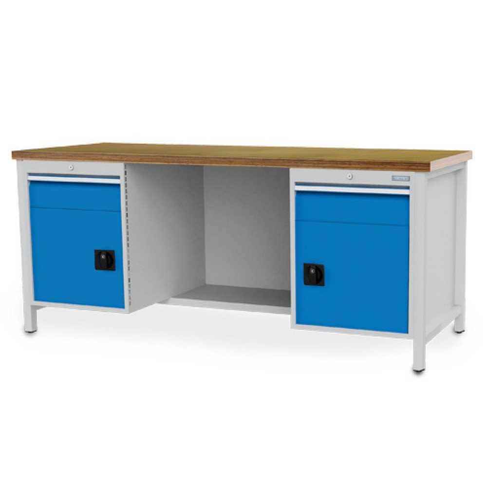 Obrázek produktu: Pracovní stůl Bedrunka+Hirth R 18-24, VxŠxH 959 x 2000 x 750 mm, světle šedá, světle modrá, 2 ks zásuvka 2x150 mm, 2 křídlové dveře 2x450 mm
