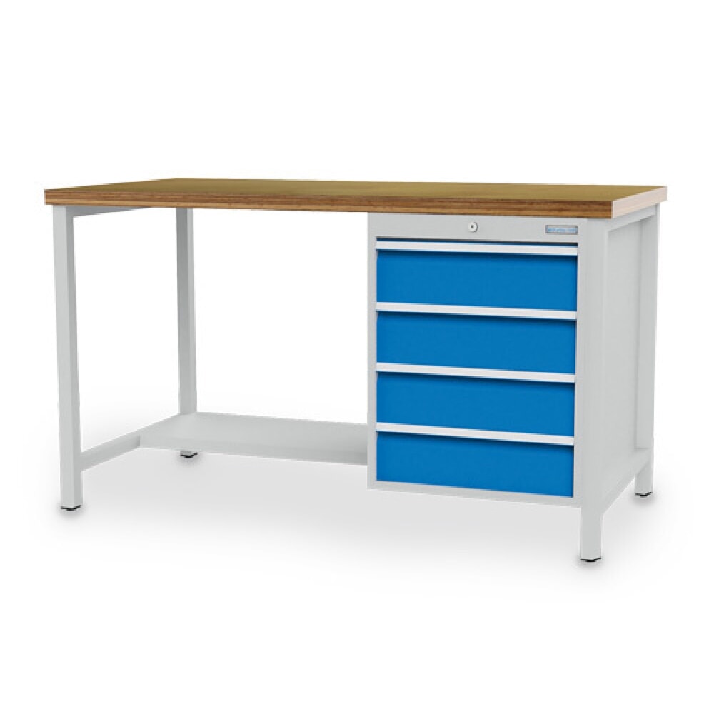 Obrázek produktu: Dílenský stůl se skříňkou Bedrunka+Hirth R 18-24, VxŠxH 959 x 1500 x 750 mm, světle šedá, světle modrá, 4 ks zásuvka 4x150 mm