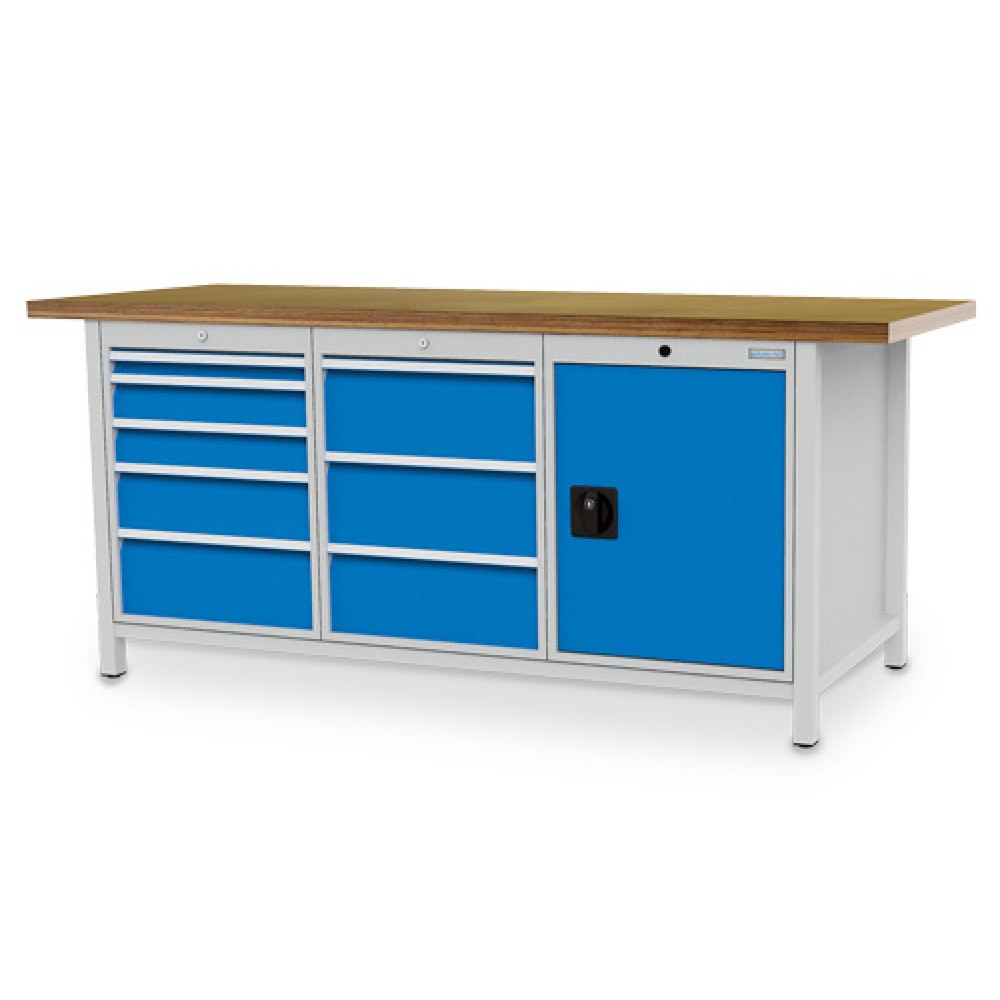 Obrázek produktu: Pracovní stůl Bedrunka+Hirth R 18-24, VxŠxH 859 x 2000 x 750 mm, světle šedá, světle modrá, 8 ks zásuvka 1x50 + 2x100 + 1x150 + 4x200 mm, 1 křídlové dveře 1x600 mm