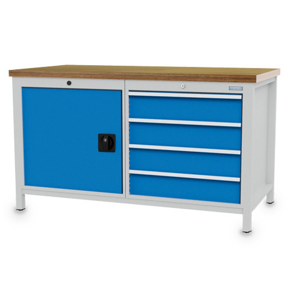 Obrázek produktu: Pracovní stůl Bedrunka+Hirth R 24-24, VxŠxH 859 x 1500 x 750 mm, světle šedá, světle modrá, 4 ks zásuvka 4x150 mm, 1 křídlové dveře 1x600 mm