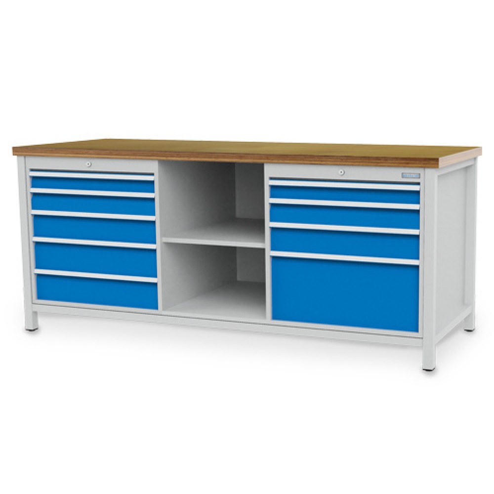Obrázek produktu: Pracovní stůl Bedrunka+Hirth R 24-24, VxŠxH 859 x 2000 x 750 mm, světle šedá, světle modrá, 9 ks zásuvka 2x75 + 2x100 + 2x125 + 2x150 + 1x300 mm