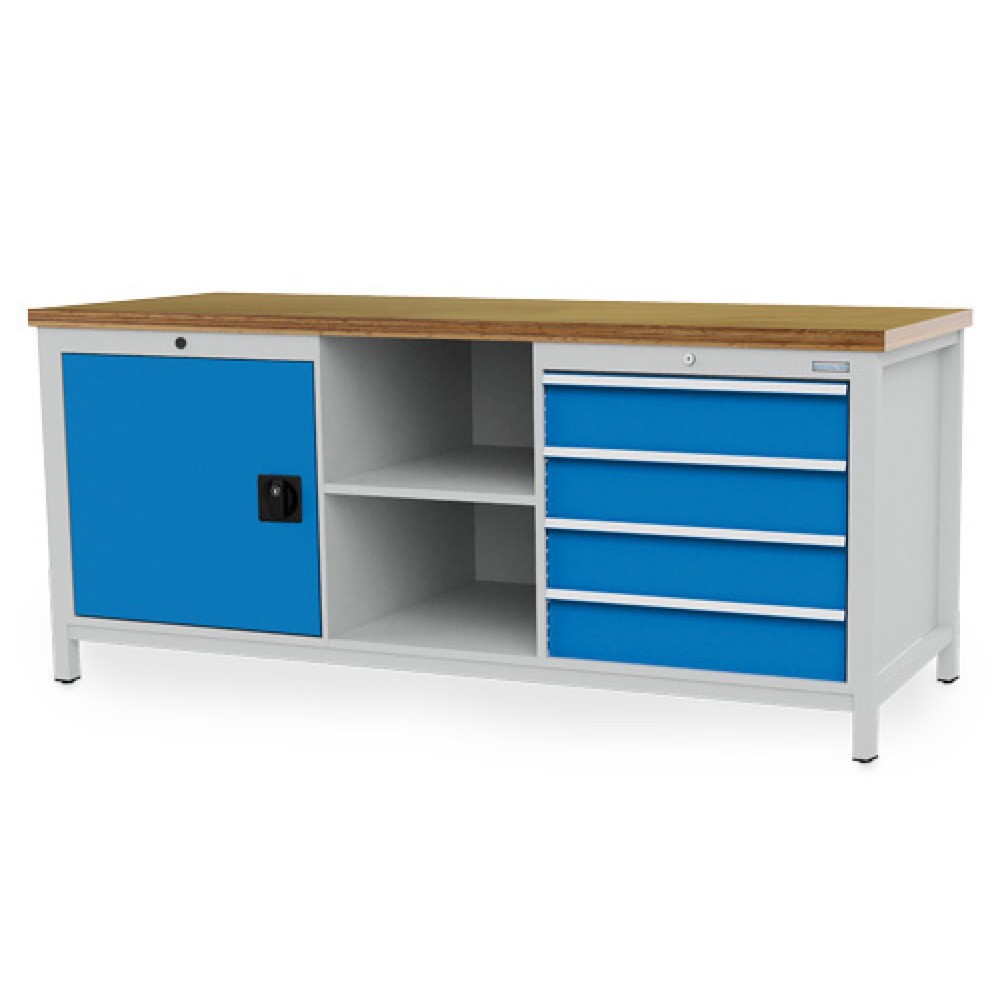 Obrázek produktu: Pracovní stůl Bedrunka+Hirth R 24-24, VxŠxH 859 x 2000 x 750 mm, světle šedá, světle modrá, 4 ks zásuvka 4x150 mm, 1 křídlové dveře 1x600 mm