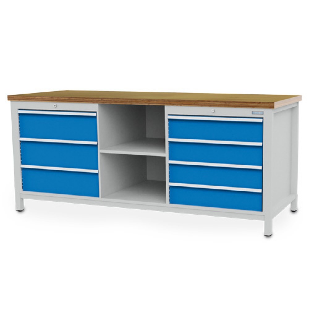 Obrázek produktu: Pracovní stůl Bedrunka+Hirth R 24-24, VxŠxH 859 x 2000 x 750 mm, světle šedá, světle modrá, 7 ks zásuvka 4x150 + 3x200 mm