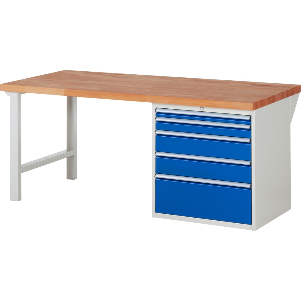 Obrázek produktu: Pracovní stůl RAU řada 7000, 1 kontejner, VxŠxH 890 x 2000 x 900 mm, 5x zásuvka s výsuvem 90 %, 1 x 60, 1 x 90, 2 x 150, 1 x 270 mm, nosnost zásuvky 100 kg