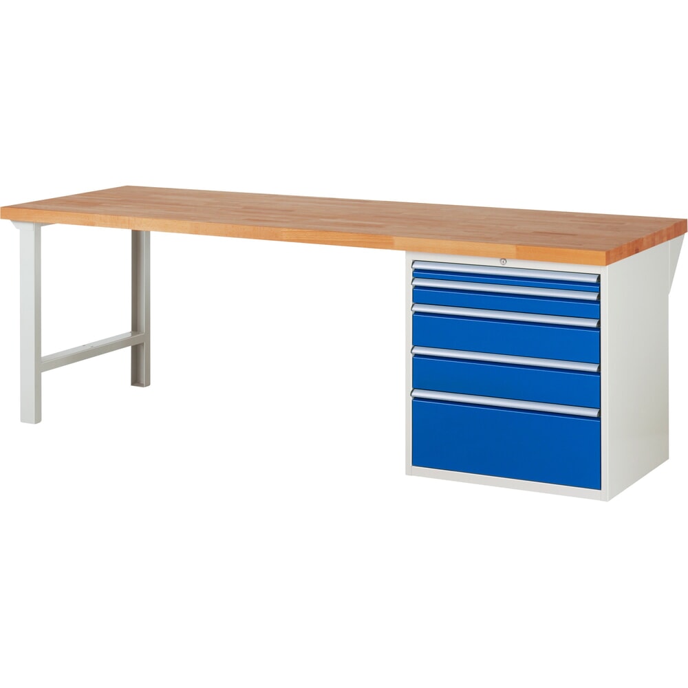 Obrázek produktu: Pracovní stůl RAU řada 7000, 1 kontejner, VxŠxH 890 x 2500 x 900 mm, 5x zásuvka s výsuvem 100 %, 1 x 60, 1 x 90, 2 x 150, 1 x 270 mm, nosnost zásuvky 100 kg