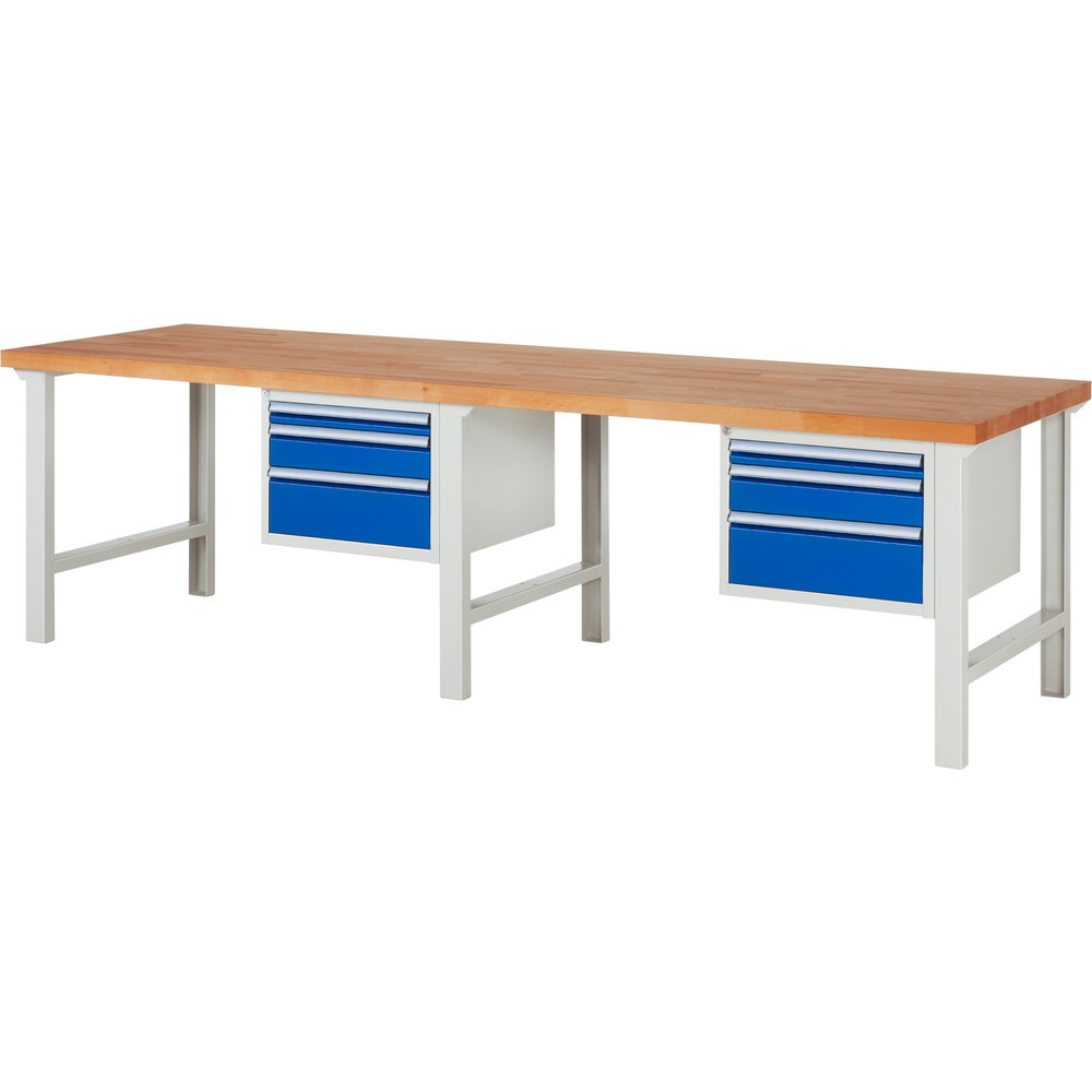 Obrázek produktu: Pracovní stůl RAU řada 7000, 2 kontejnery, VxŠxH 840 x 3000 x 900 mm, 6x zásuvka s výsuvem 100 %, 2 x 60 mm, 2 x 120 mm, 2 x 180 mm