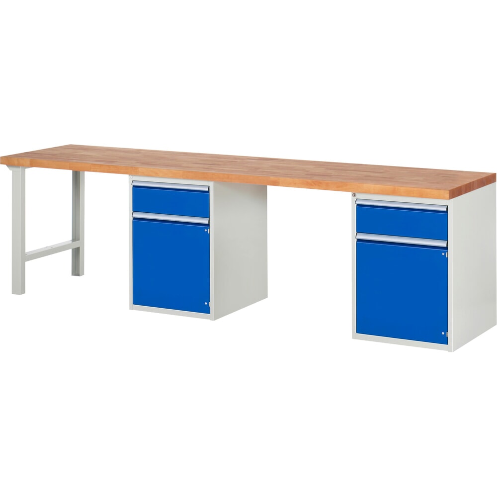 Obrázek produktu: Pracovní stůl RAU řada 7000, 2 kontejnery, VxŠxH 840 x 3000 x 700 mm, 2x zásuvka, 2 křídlové dveře, 2 police