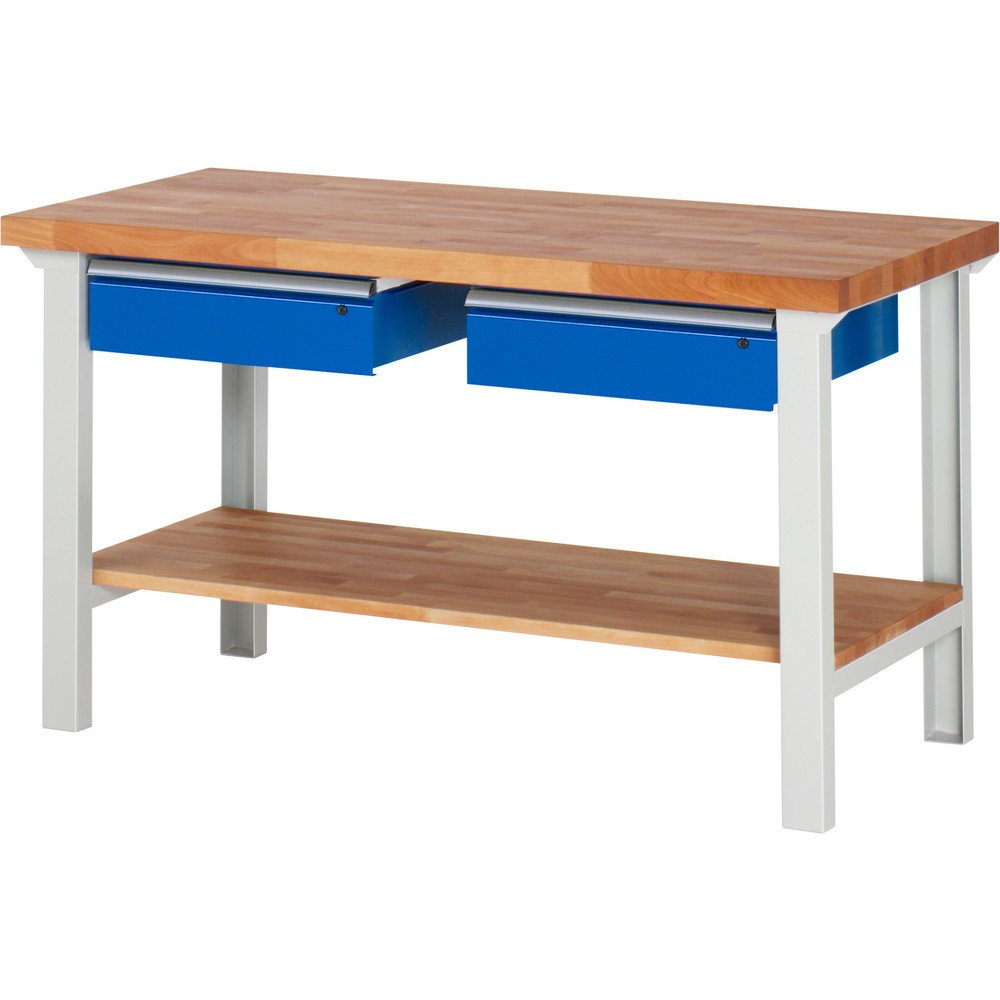 Obrázek produktu: Pracovní stůl RAU řada 7000, 1 odkládací police z bukového masivu, VxŠxH 840 x 1500 x 700 mm, 2 zásuvky 2 x 150 mm