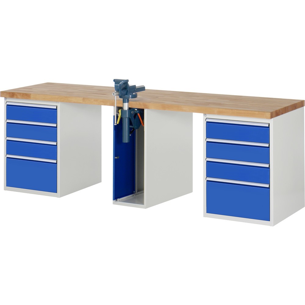 Obrázek produktu: Pracovní stůl RAU řada 7000, 3 kontejnery, VxŠxH 840 x 2500 x 700 mm, 8x zásuvka s výsuvem 90 %, 6 x 150 mm, 2 x 270 mm