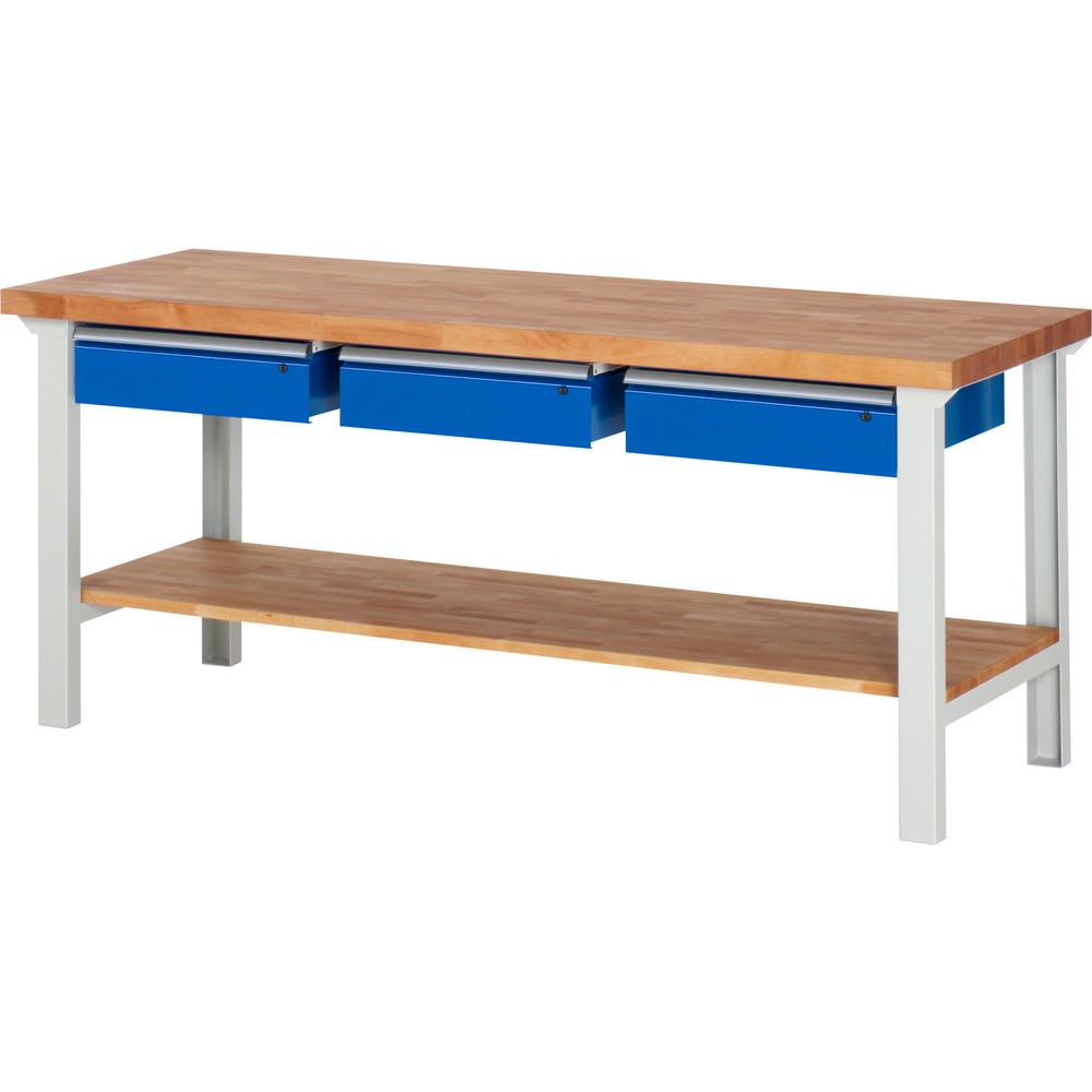 Obrázek produktu: Pracovní stůl RAU řada 7000, 1 odkládací police z bukového masivu, VxŠxH 840 x 2000 x 700 mm, 3 zásuvky 3 x 150 mm
