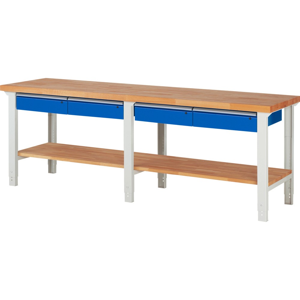 Obrázek produktu: Pracovní stůl RAU řada 7000, 1 odkládací police z bukového masivu, VxŠxH 790-1140 x 2500 x 700 mm, 4 zásuvky 4 x 150 mm