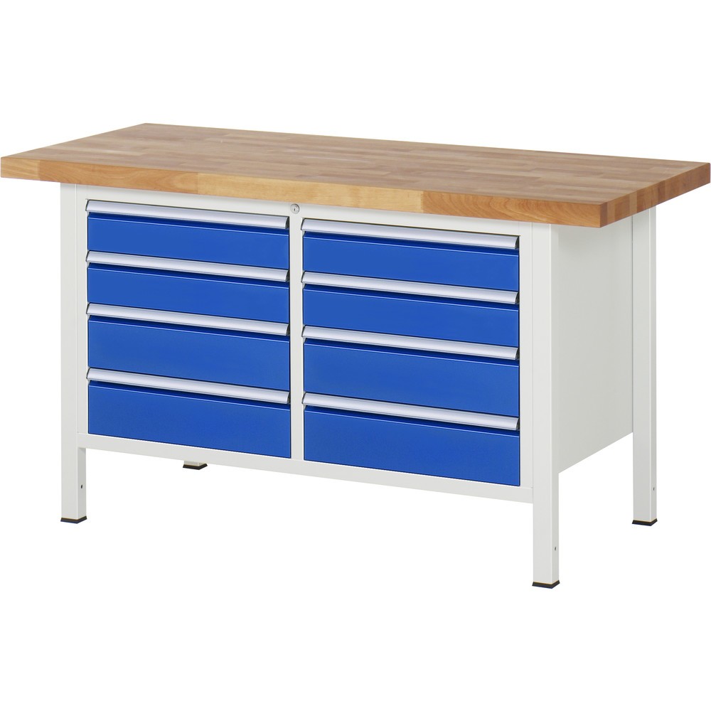 Obrázek produktu: Pracovní stůl RAU řada 8000, V×Š×H 840-1040 × 1500 × 700 mm, 1 dvojitý spodní kontejner, s 8 zásuvkami