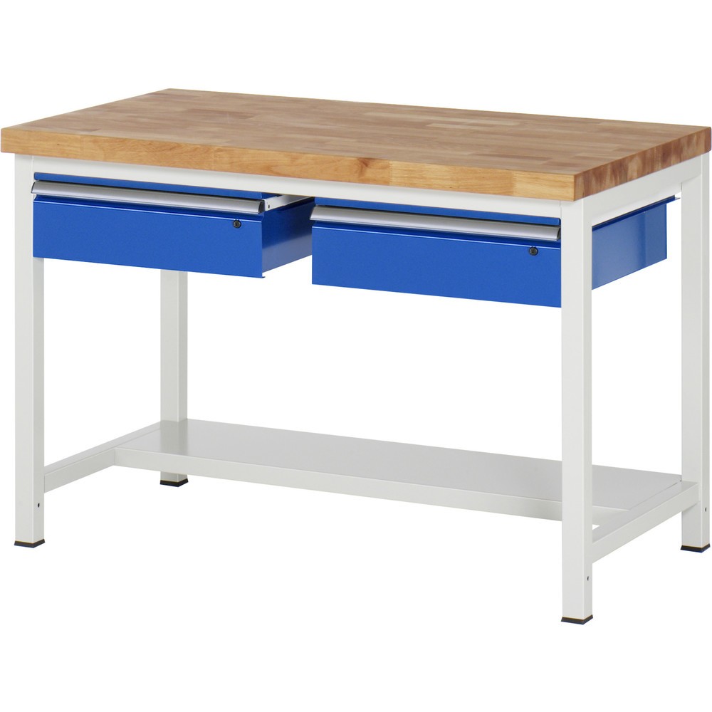Obrázek produktu: Pracovní stůl RAU řada 8000, VxŠxH 840-1040 x 1250 x 700 mm, 2 zásuvky, 1 odkládací police hloubka 320 mm
