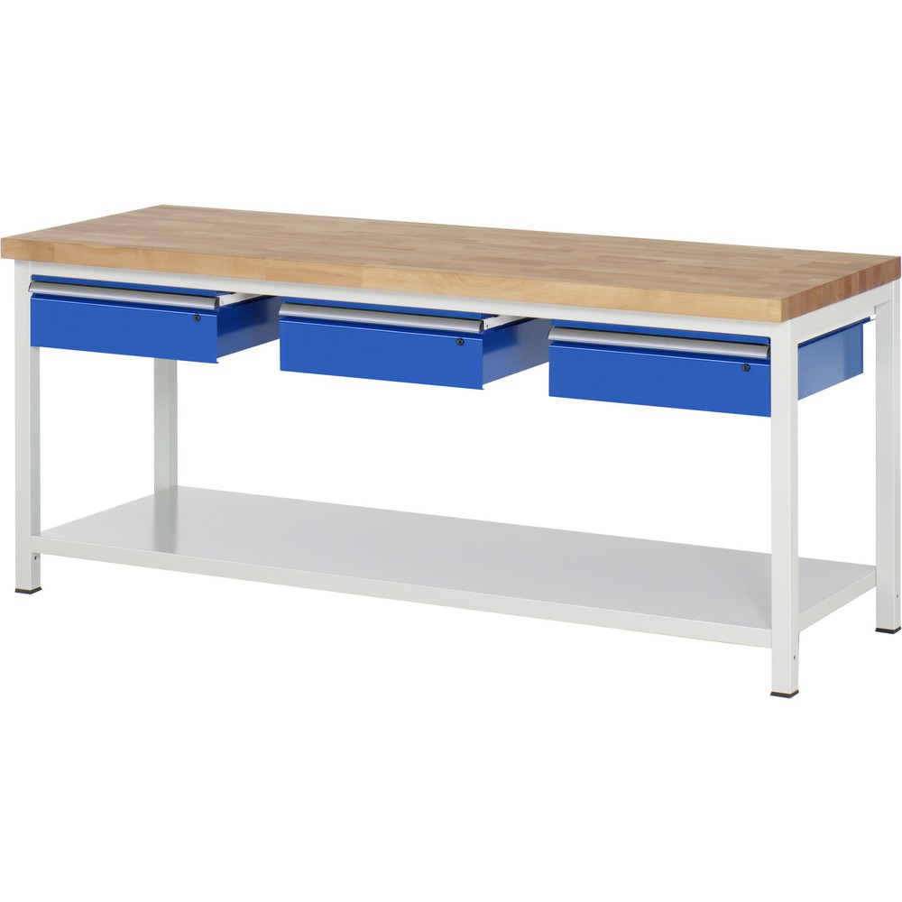 Obrázek produktu: Pracovní stůl RAU řada 8000, VxŠxH 840 x 2000 x 700 mm, 3 zásuvky, 1 odkládací police hloubka 650 mm