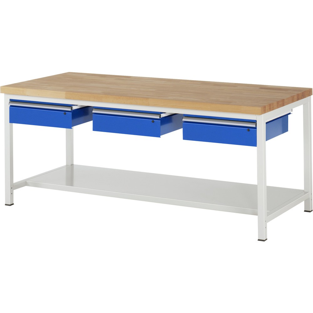 Obrázek produktu: Pracovní stůl RAU řada 8000, VxŠxH 840 x 2000 x 900 mm, 3 zásuvky, 1 odkládací police hloubka 650 mm
