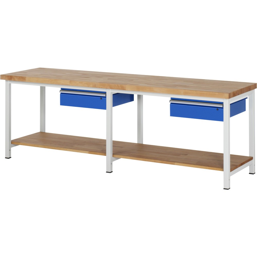 Obrázek produktu: Pracovní stůl RAU řada 8000, V×Š×H 840-1040 × 2500 × 700 mm, 2 zásuvky, dole odkládací police