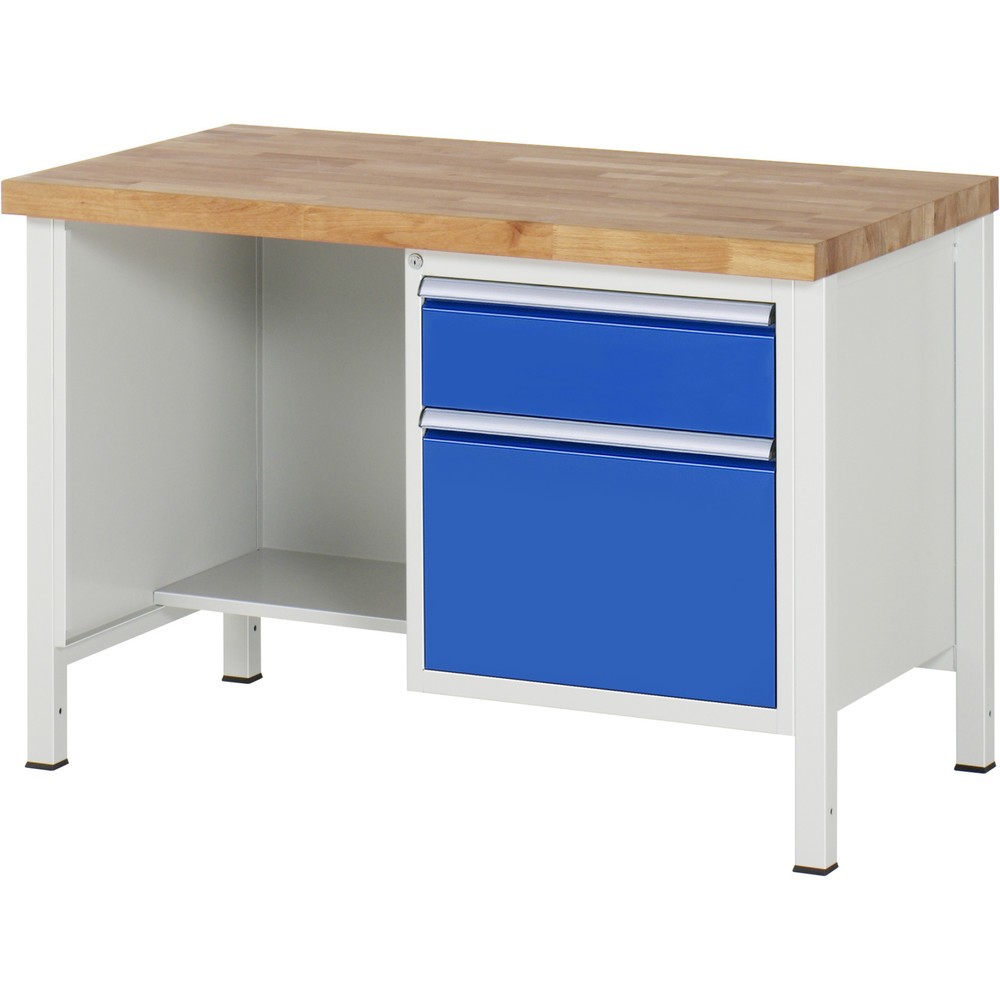 Obrázek produktu: Pracovní stůl RAU řada 8000, 1 odkládací police, VxŠxH 840-1040 x 1250 x 700 mm, 2x zásuvka s výsuvem 90 %