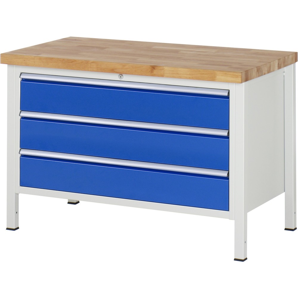 Obrázek produktu: Pracovní stůl RAU řada 8000, VxŠxH 840 x 1250 x 700 mm, 3x zásuvka s výsuvem 100 %, 3 x 180 mm, nosnost zásuvky 50 kg