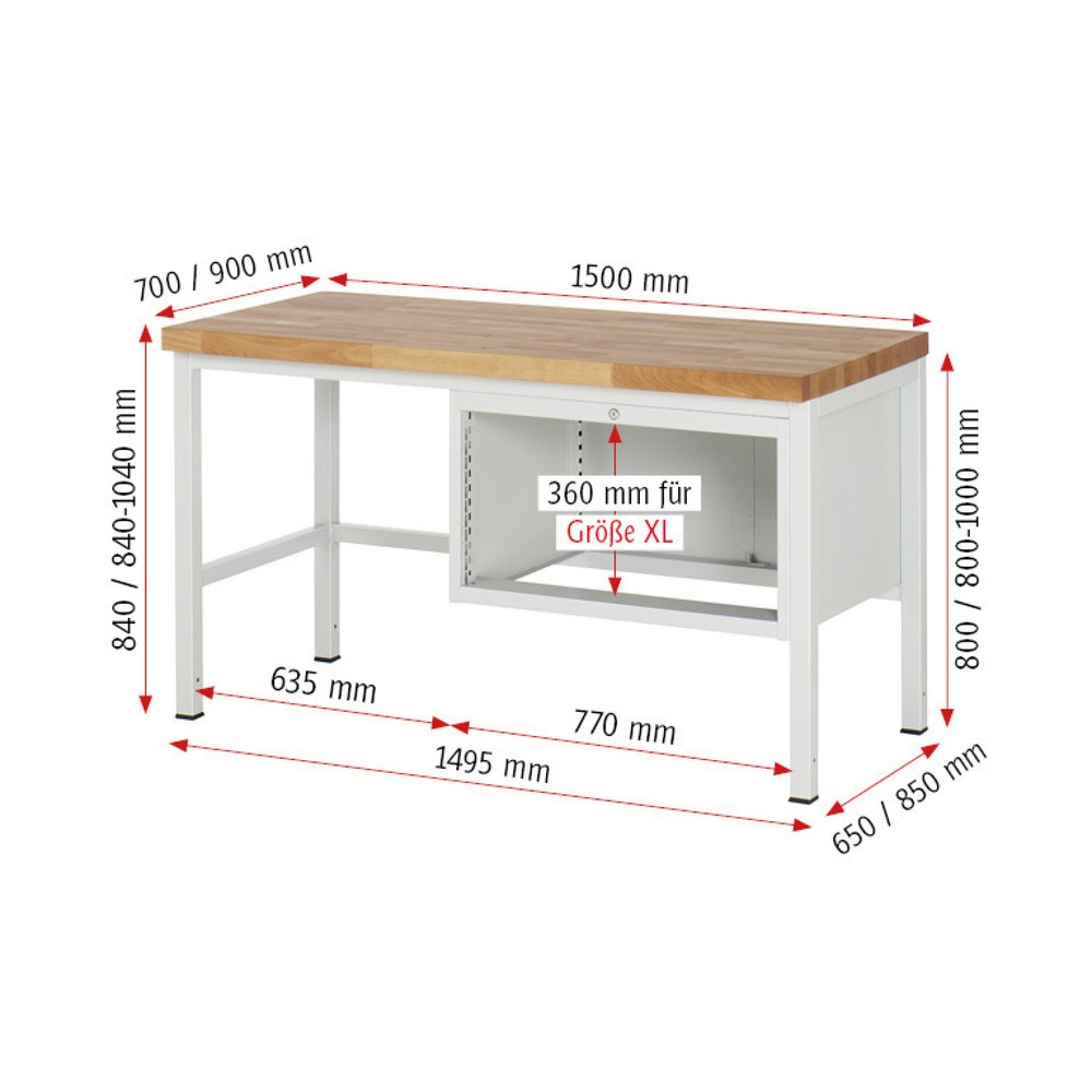 Číslo obrázku produktu 5: Pracovní stůl RAU řada 8000, VxŠxH 840 x 1500 x 900 mm, 2x zásuvka s výsuvem 100 %, 2 x 180 mm, nosnost zásuvky 75 kg