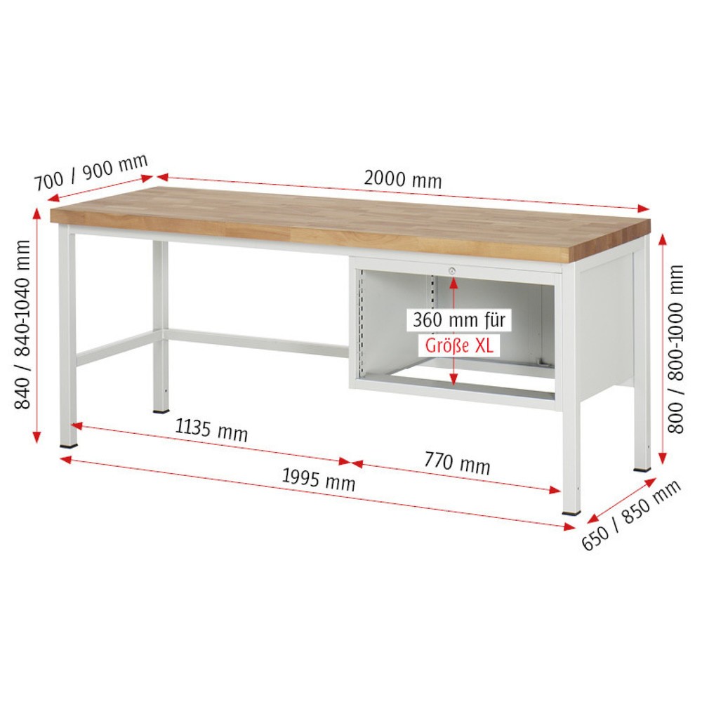 Číslo obrázku produktu 5: Pracovní stůl RAU řada 8000, VxŠxH 840 x 2000 x 900 mm, 2x zásuvka s výsuvem 90 %, 2 x 180 mm, nosnost zásuvky 75 kg