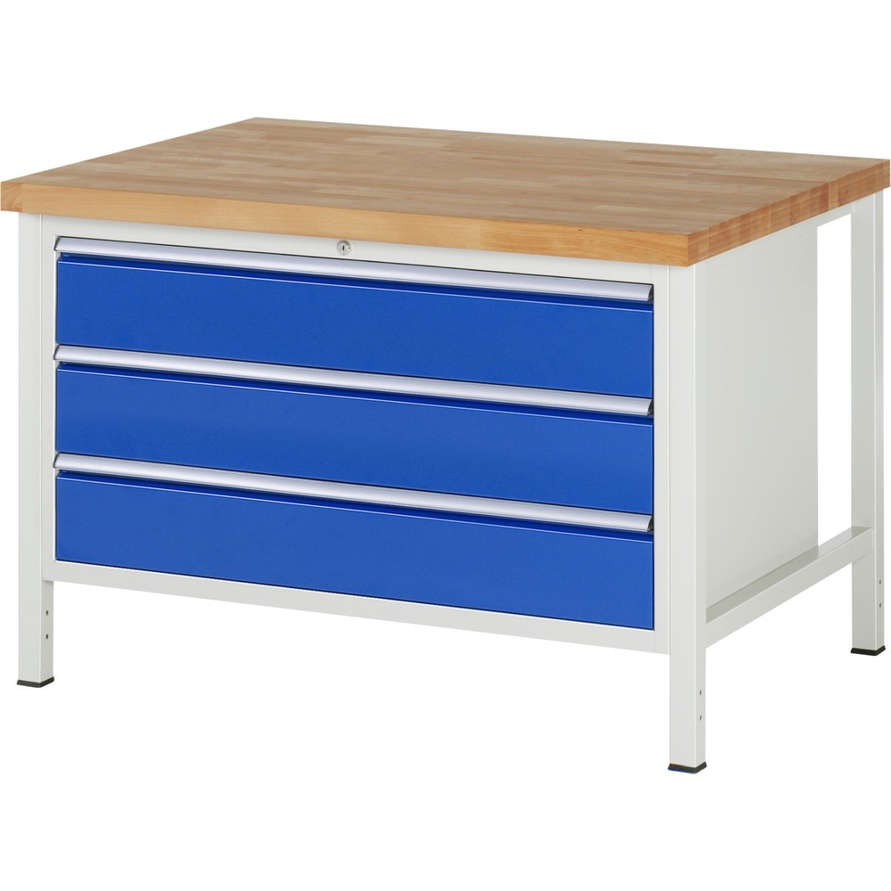 Obrázek produktu: Pracovní stůl RAU řada 8000, VxŠxH 840-1040 x 1250 x 900 mm, 3x zásuvka s výsuvem 90 %, 3 x 180 mm, nosnost zásuvky 50 kg