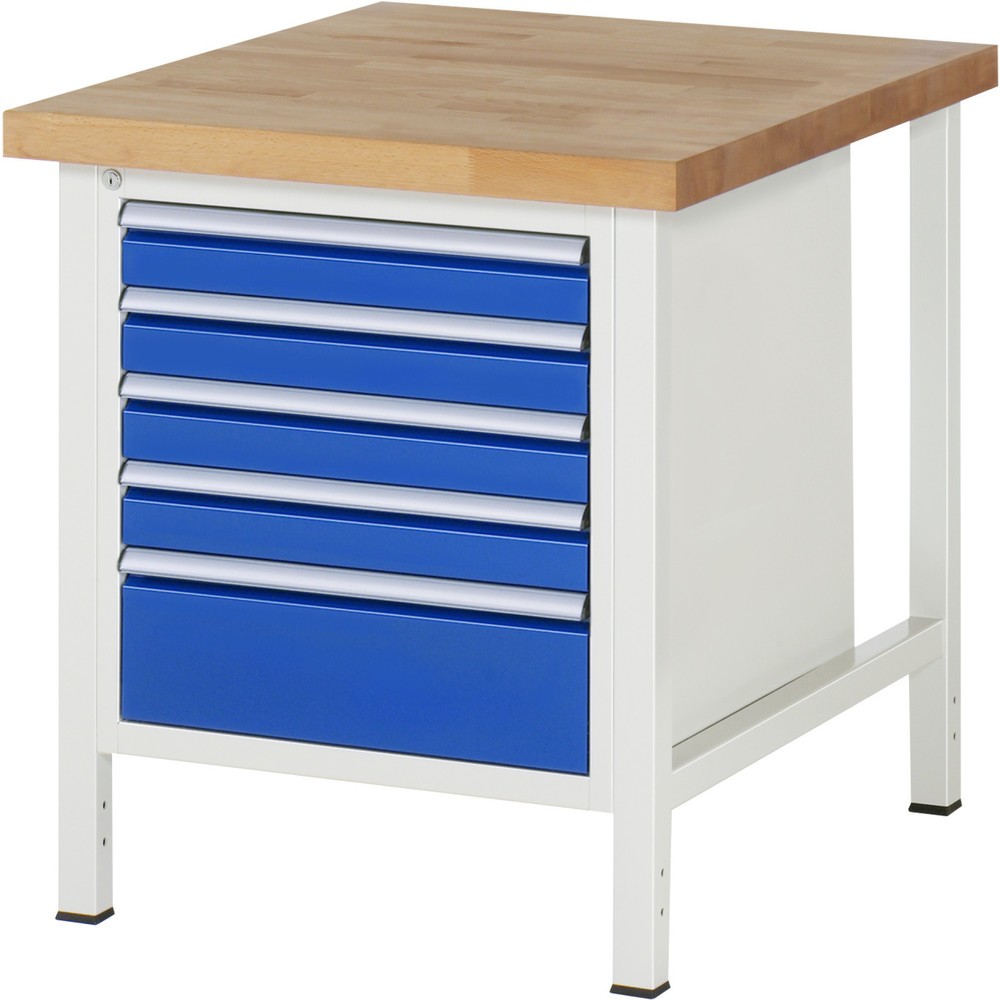 Obrázek produktu: Pracovní stůl RAU řada 8000, VxŠxH 840-1040 x 750 x 900 mm, 5x zásuvka s výsuvem 90 %, 4 x 90, 1 x 180 mm, nosnost zásuvky 100 kg