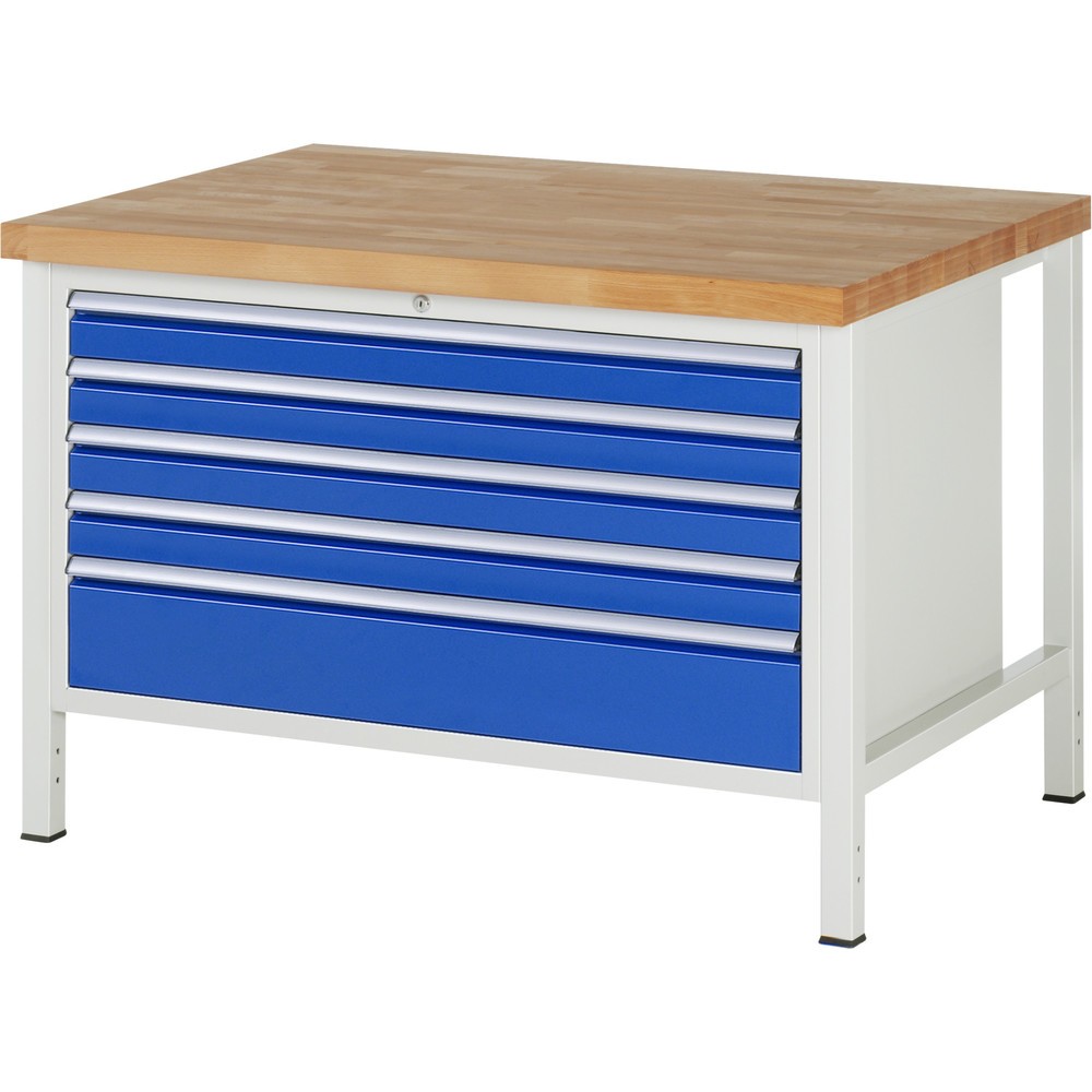 Obrázek produktu: Pracovní stůl RAU řada 8000, VxŠxH 840 x 1250 x 900 mm, 5x zásuvka s výsuvem 100 %, 4 x 90, 1 x 180 mm, nosnost zásuvky 50 kg