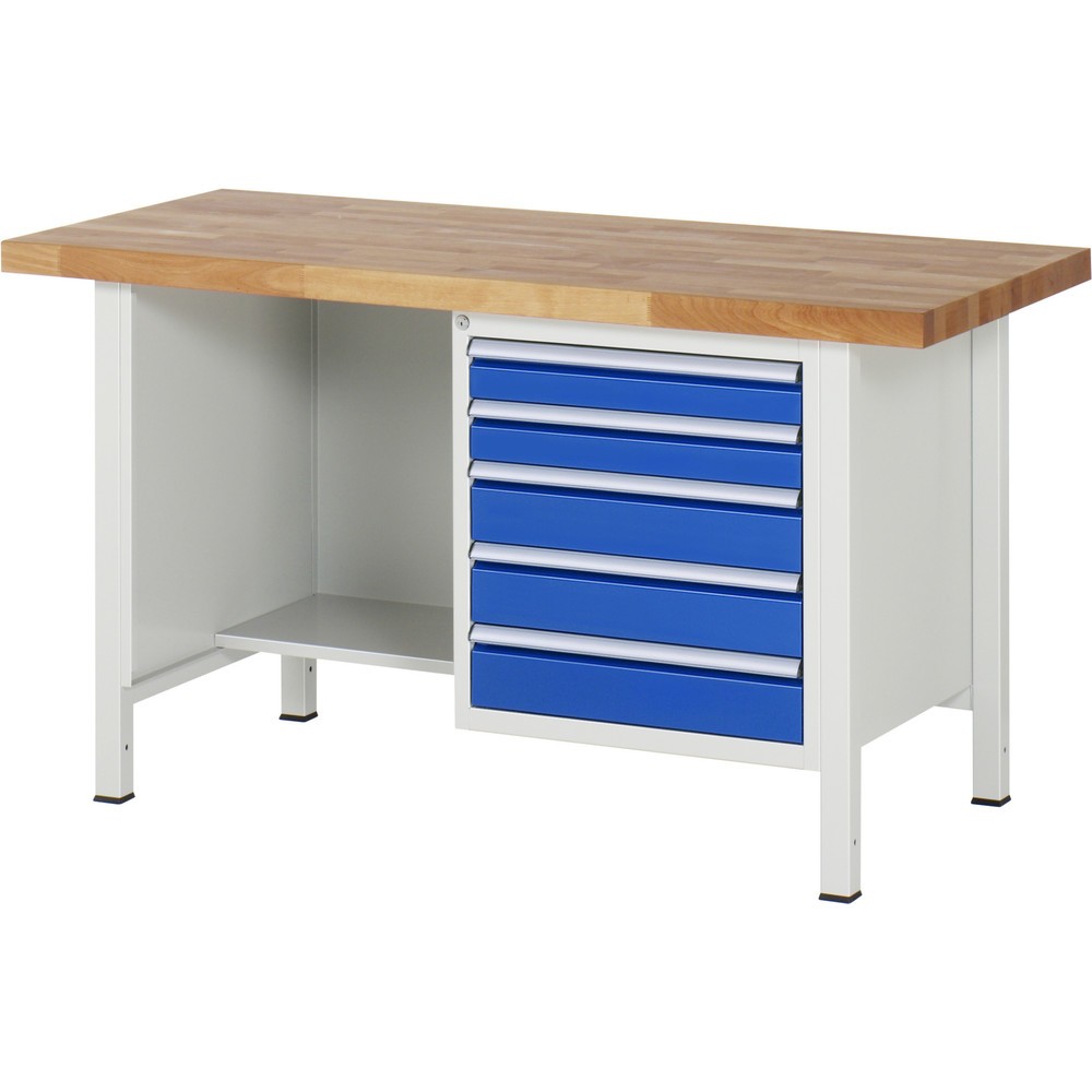 Obrázek produktu: Pracovní stůl RAU řada 8000, 1 odkládací police, VxŠxH 840-1040 x 1500 x 700 mm, 5x zásuvka s výsuvem 100 %