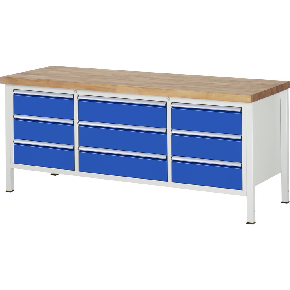 Obrázek produktu: Pracovní stůl RAU řada 8000, 1 trojitý spodní kontejner, VxŠxH 840 x 2000 x 700 mm, 9 zásuvek s výsuvem 90 %, 9 x 180 mm, nosnost zásuvky 100/75 kg