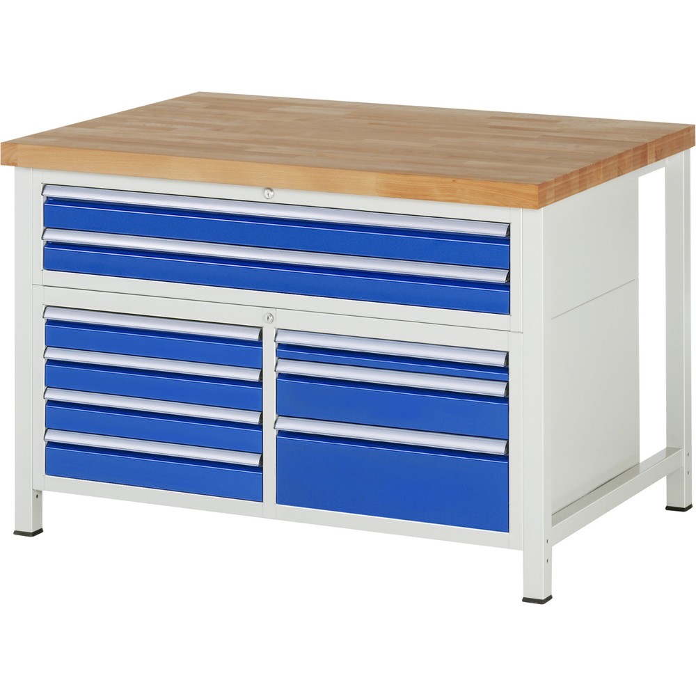 Obrázek produktu: Pracovní stůl RAU řada 8000, 1 trojitý spodní kontejner, VxŠxH 840-1040 x 1250 x 900 mm, 9 zásuvek s výsuvem 90 %, 1 x 60, 6 x 90, 1 x 120, 1 x 180 mm, nosnost zásuvky 100/50 kg
