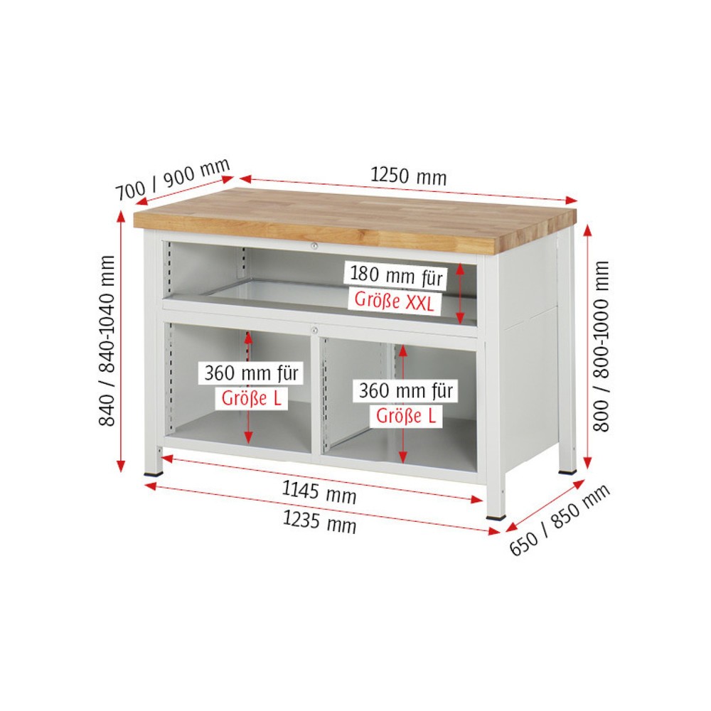Číslo obrázku produktu 9: Pracovní stůl RAU řada 8000, 1 trojitý kontejner, VxŠxH 840-1040 x 1250 x 700 mm, 7 zásuvek L + 2 zásuvky XXL, výsuv 90 %