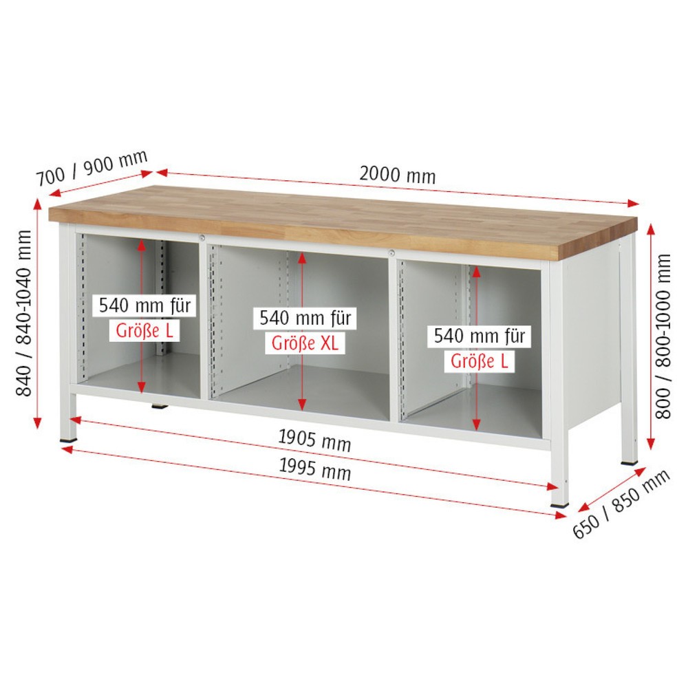 Číslo obrázku produktu 8: Pracovní stůl RAU řada 8000, 1 trojitý kontejner, 1 police, VxŠxH 840-1040 x 2000 x 700 mm, 4x zásuvka