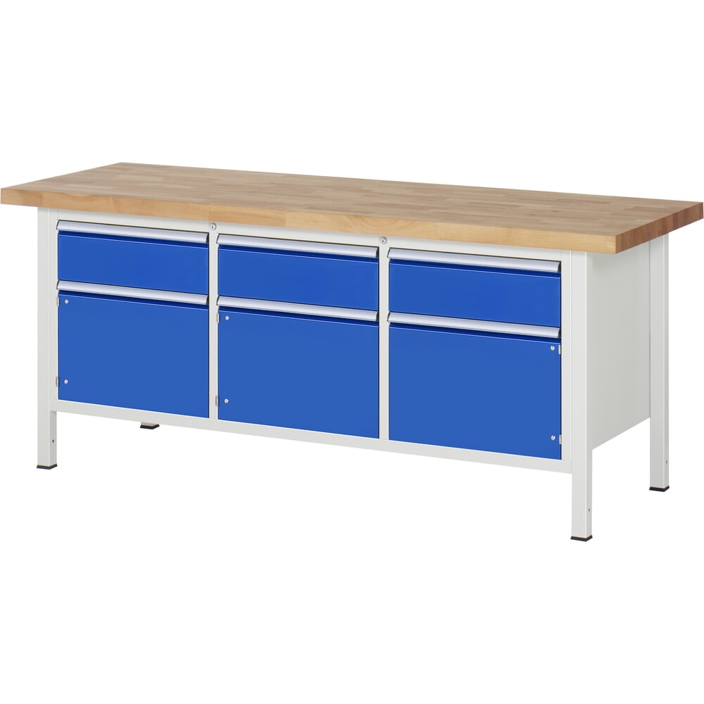 Obrázek produktu: Pracovní stůl RAU řada 8000, 1 trojitý kontejner, 3 křídlové dveře, VxŠxH 840-1040 x 2000 x 700 mm, 3x zásuvka, ErgoScript®