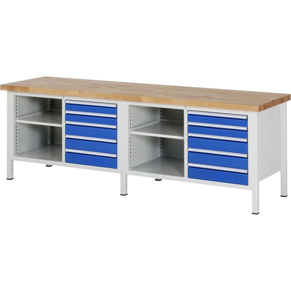 Obrázek produktu: Pracovní stůl RAU řada 8000, 2 dvojité kontejnery, VxŠxH 840-1040 x 2500 x 700 mm, 10 zásuvek, 1 odkládací police hloubka 350 mm