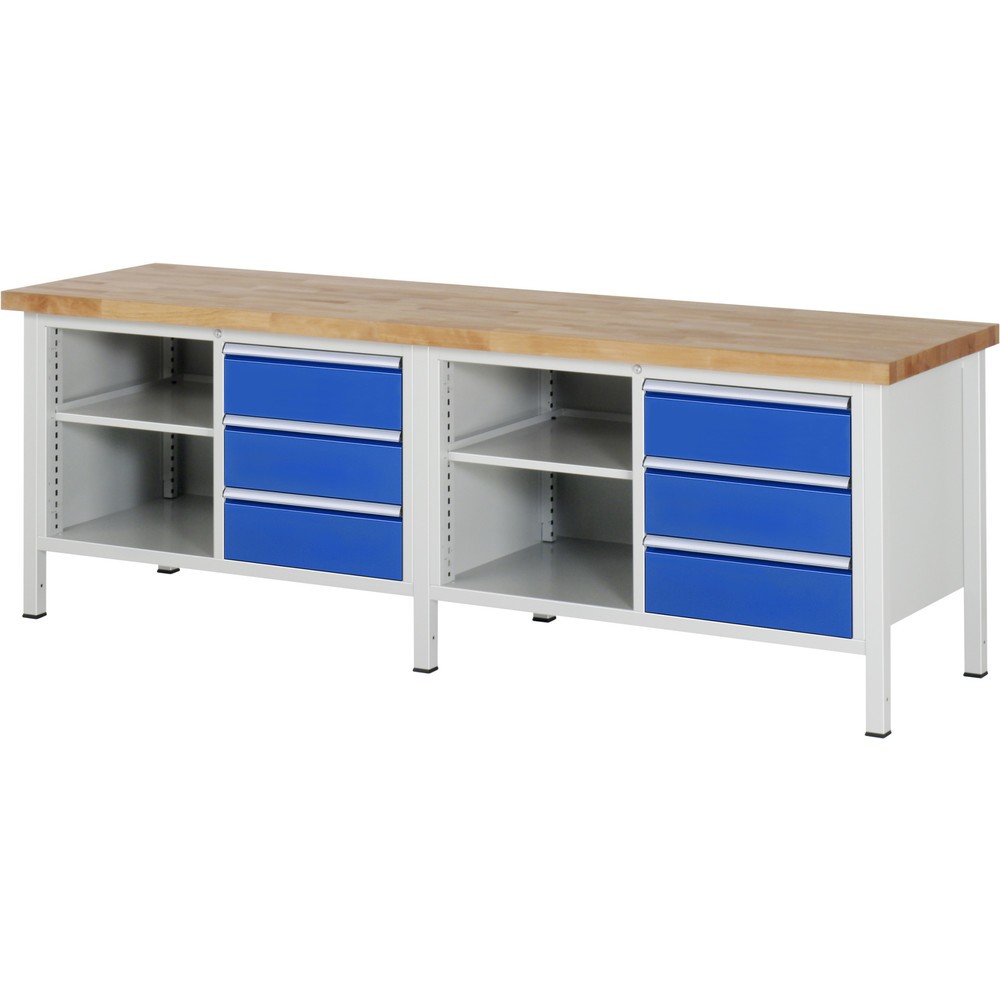 Obrázek produktu: Pracovní stůl RAU řada 8000, 2 dvojité kontejnery, VxŠxH 840-1040 x 2500 x 700 mm, 6 zásuvek, 1 odkládací police hloubka 350 mm