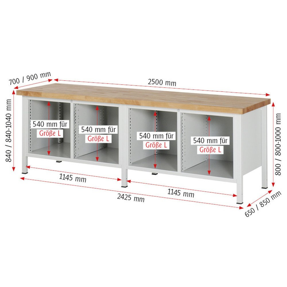 Číslo obrázku produktu 5: Pracovní stůl RAU řada 8000, 2 dvojitý kontejner, VxŠxH 840 x 2500 x 700 mm, 10 zásuvky