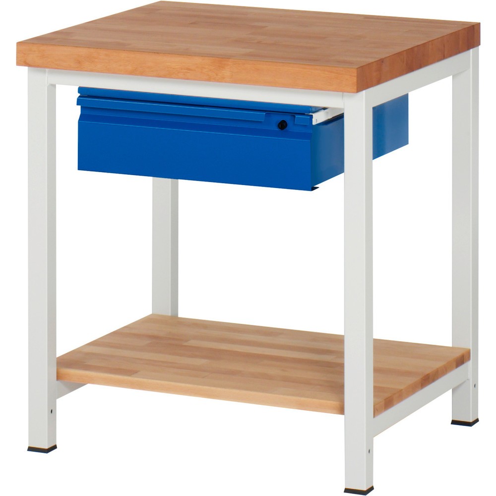 Obrázek produktu: Pracovní stůl RAU řada 8000, pracovní deska z bukového masivu, tloušťka 40 mm, VxŠxH 840-1040 x 750 x 700 mm, 1 zásuvka, 1 odkládací police hloubka 557 mm