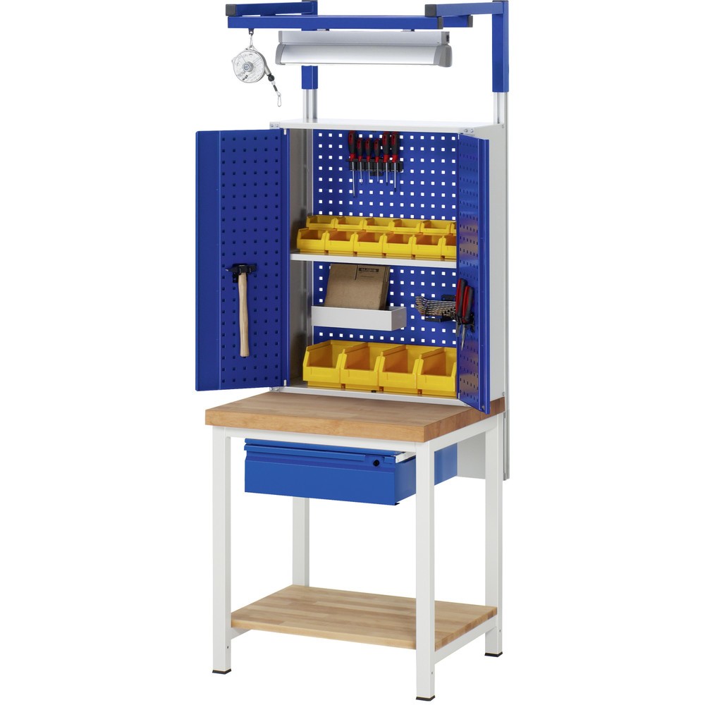 Číslo obrázku produktu 8: Pracovní stůl RAU řada 8000, pracovní deska z bukového masivu, tloušťka 40 mm, VxŠxH 840-1040 x 750 x 700 mm, 1 zásuvka, 1 odkládací police hloubka 557 mm