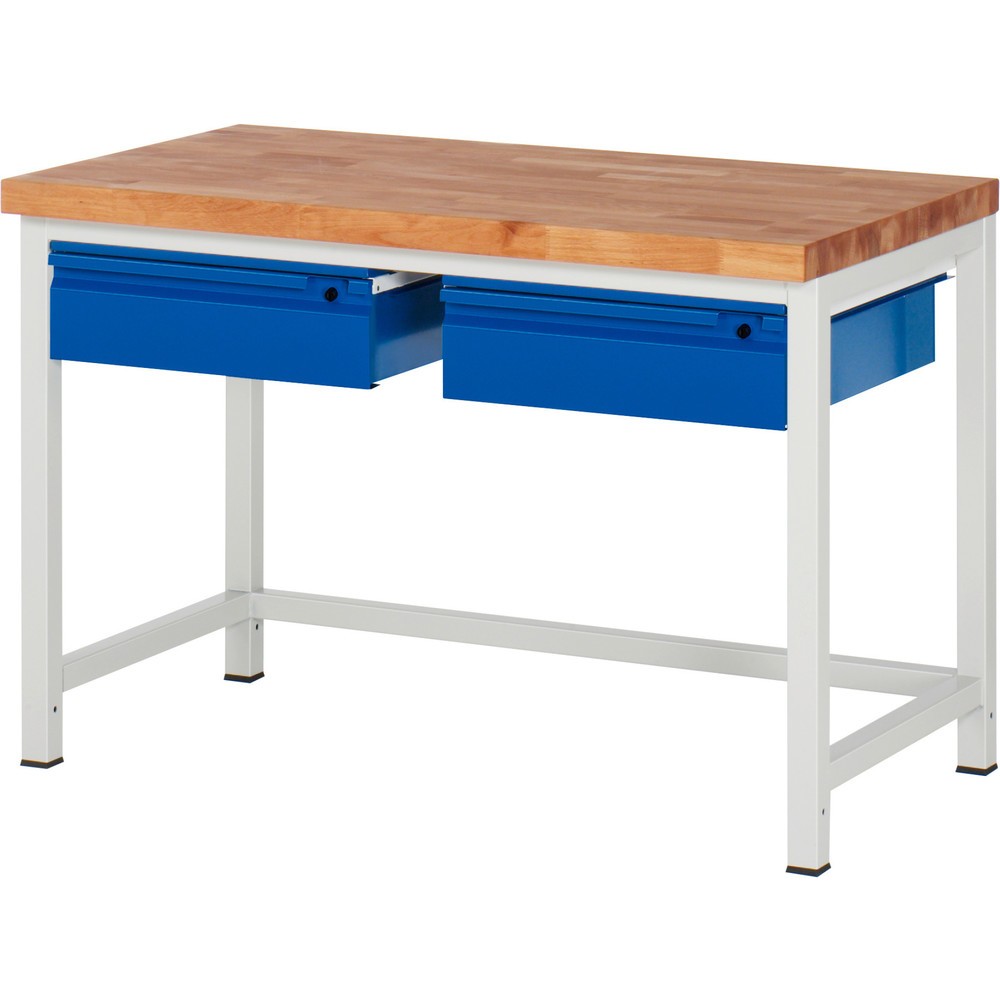 Obrázek produktu: Pracovní stůl RAU řada 8000, pracovní deska z bukového masivu, tloušťka 40 mm, VxŠxH 840-1040 x 1250 x 700 mm, 2 zásuvky 2 x 150 mm