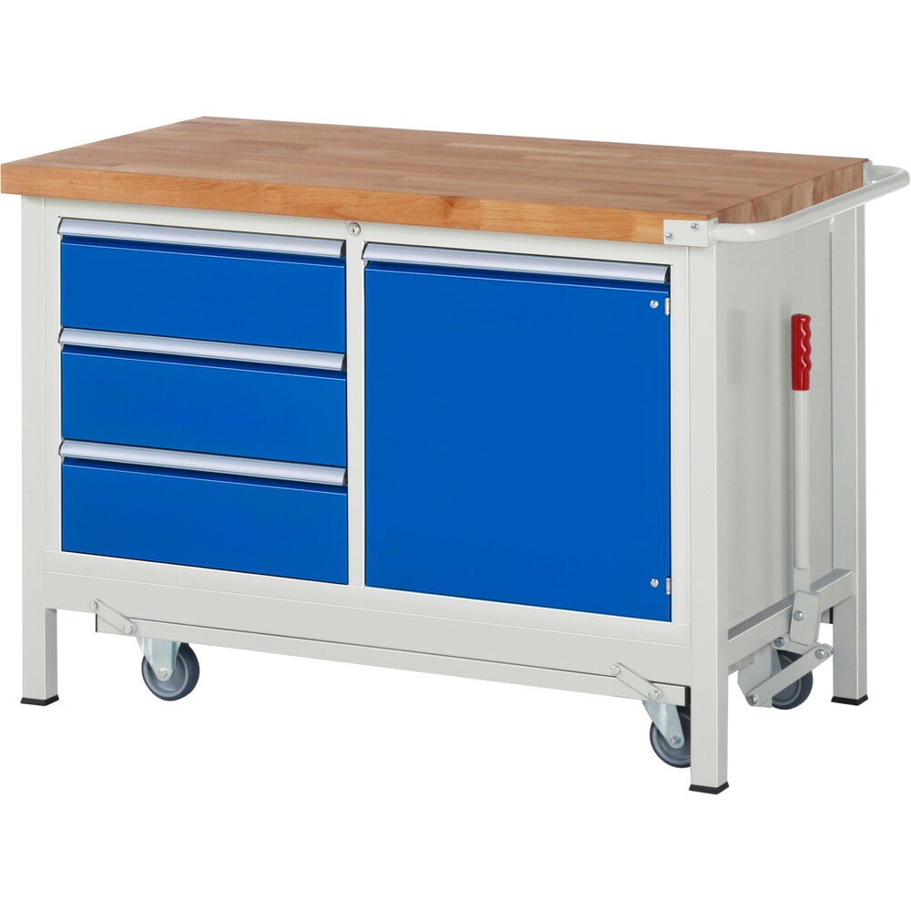 Obrázek produktu: Pracovní stůl RAU řada 8000 se zapuštěným pojezdem, 1 dvojitý kontejner, VxŠxH 880 x 1250 x 700 mm, 3x zásuvka s výsuvem 100 %, 1 křídlové dveře, 1 police