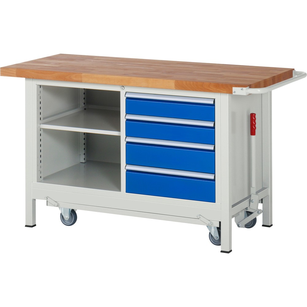 Obrázek produktu: Pracovní stůl RAU řada 8000 se zapuštěným pojezdem, 1 dvojitý kontejner, VxŠxH 880 x 1500 x 700 mm, 4x zásuvka s výsuvem 100 %, 1 police