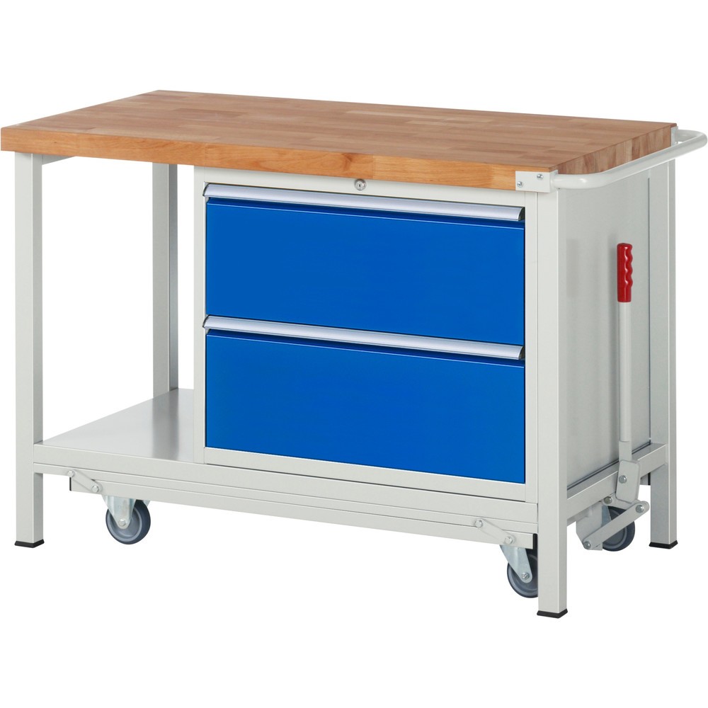 Obrázek produktu: Pracovní stůl RAU řada 8000 se zapuštěným pojezdem, 1 kontejner, 1 odkládací police, VxŠxH 880 x 1250 x 700 mm, 2x zásuvka s výsuvem 90 %