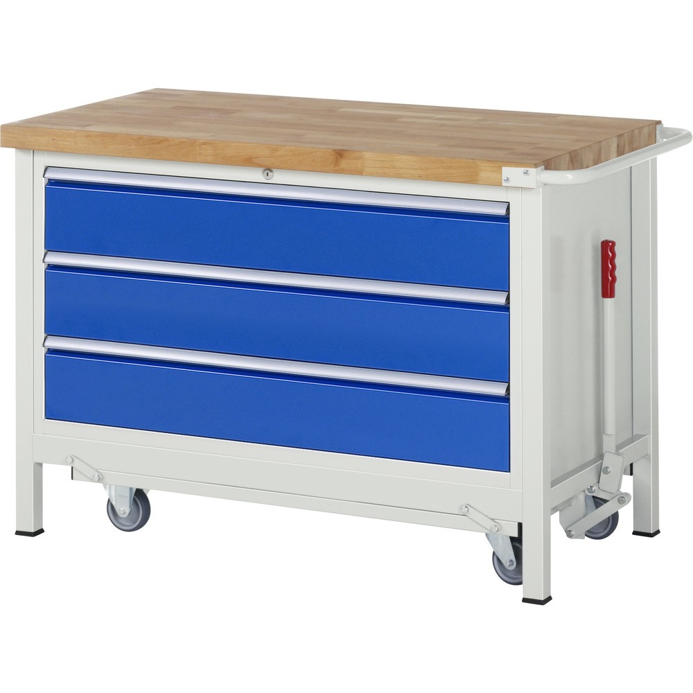 Obrázek produktu: Pracovní stůl RAU s podvozkem řady 8000, V×Š×H 880 × 1250 × 700 mm, 1 spodní kontejner, 3 zásuvky