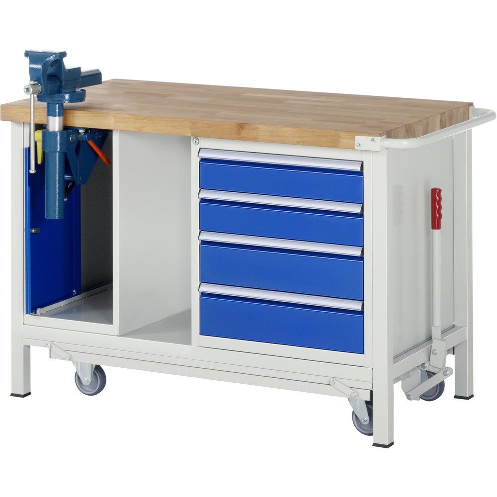 Obrázek produktu: Pracovní stůl RAU s podvozkem, řada 8000, V×Š×H 880 × 1250 × 700 mm, 1 spodní kontejner, 4 zásuvky a zapouštěný svěrák