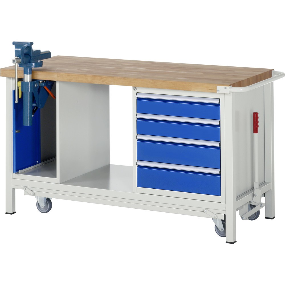 Obrázek produktu: Pracovní stůl RAU s podvozkem, řada 8000, V×Š×H 880 × 1500 × 700 mm, 1 spodní kontejner, 4 zásuvky a zapouštěný svěrák